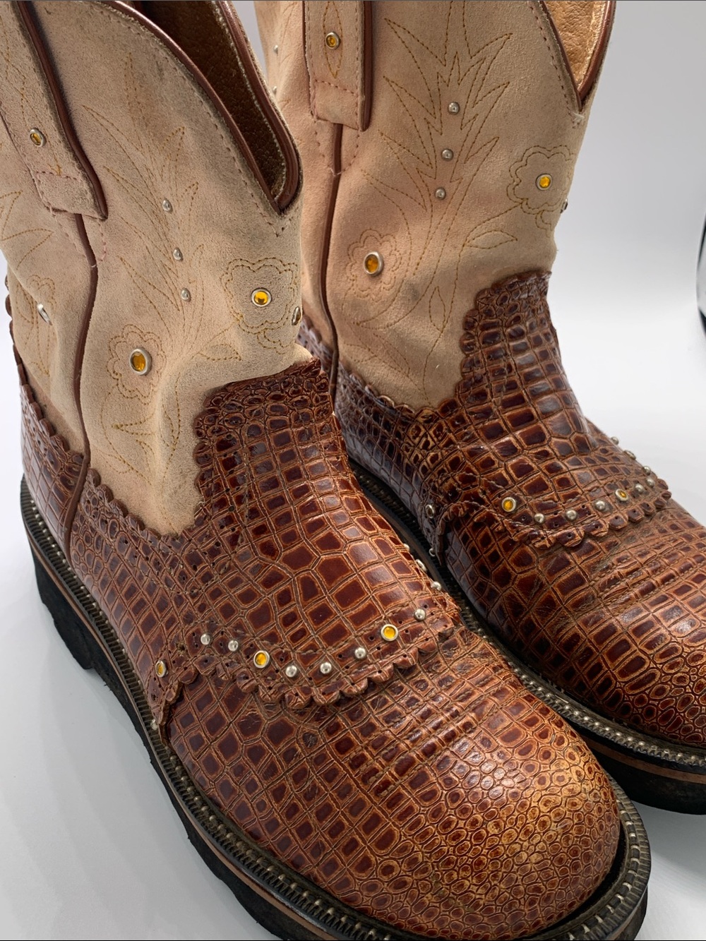 Fate Brown Croc-Embossed & Cream Suede Western Ankle Booties